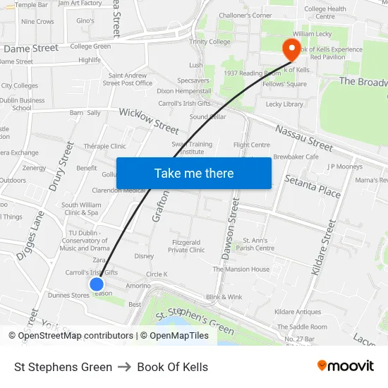 St Stephens Green to Book Of Kells map