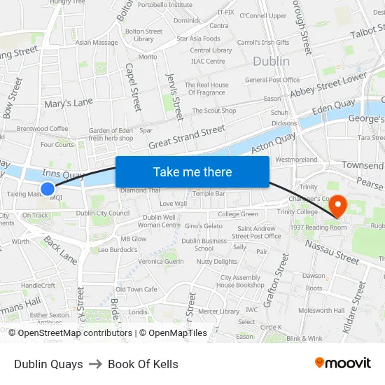 Dublin Quays to Book Of Kells map