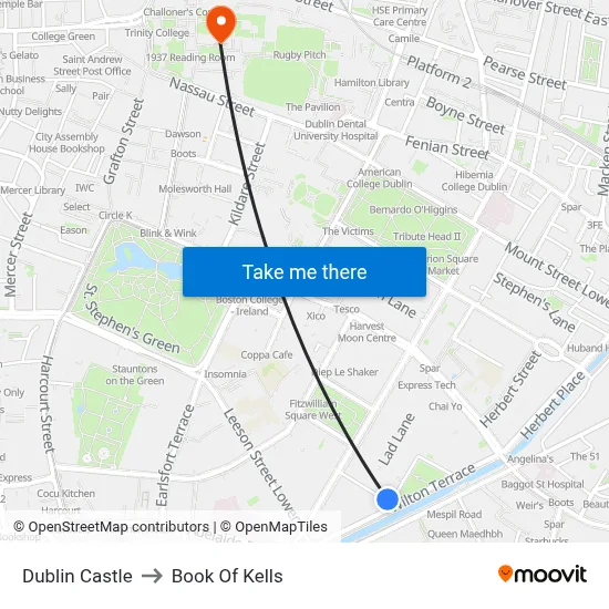 Dublin Castle to Book Of Kells map