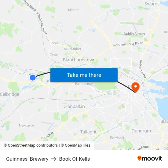 Guinness' Brewery to Book Of Kells map