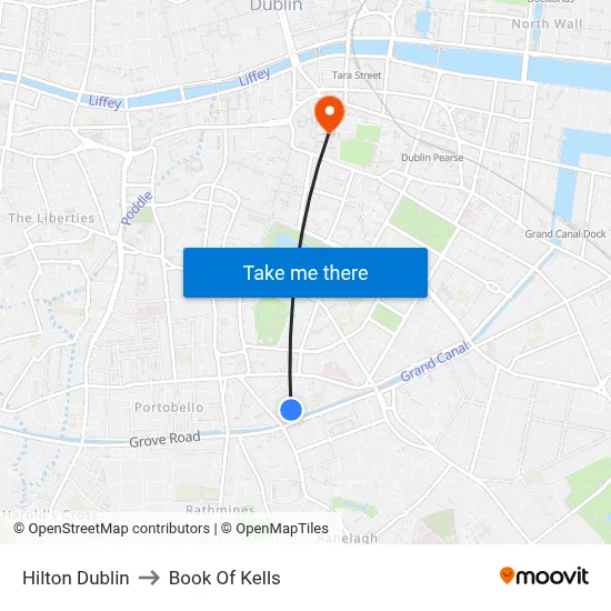 Hilton Dublin to Book Of Kells map