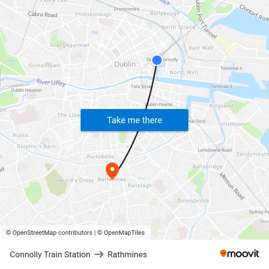 Connolly Train Station to Rathmines map