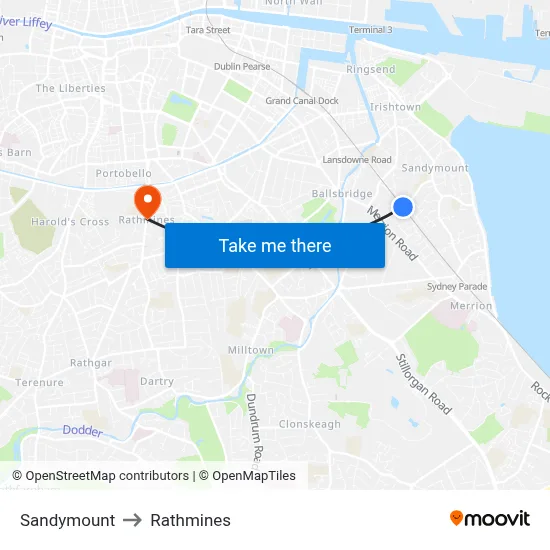 Sandymount to Rathmines map