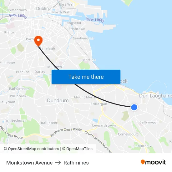 Monkstown Avenue to Rathmines map