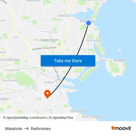 Malahide to Rathmines map