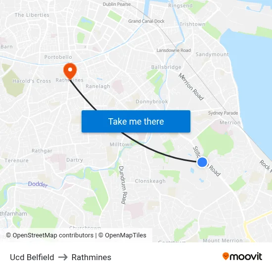 Ucd Belfield to Rathmines map
