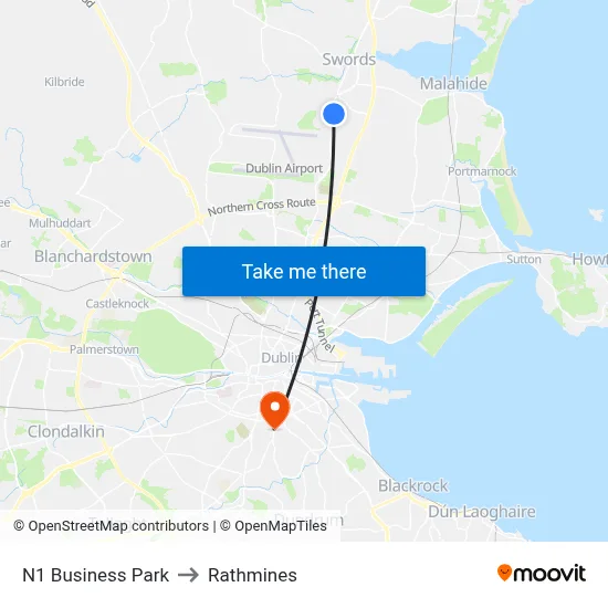 N1 Business Park to Rathmines map