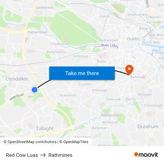Red Cow Luas to Rathmines map