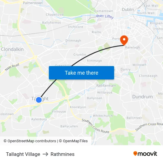 Tallaght Village to Rathmines map