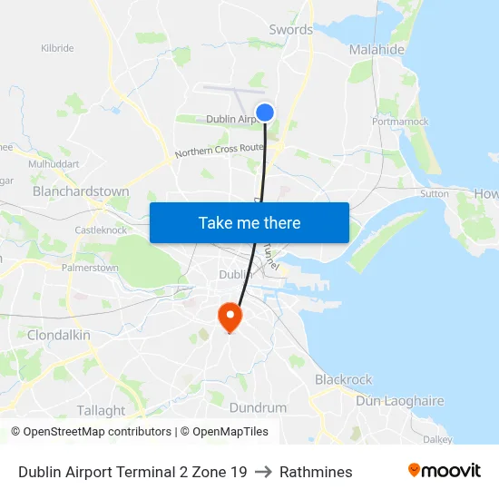 Dublin Airport Terminal 2 Zone 19 to Rathmines map