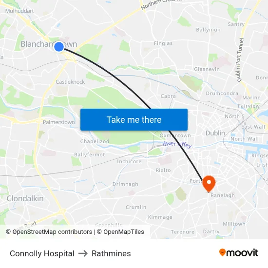 Connolly Hospital to Rathmines map