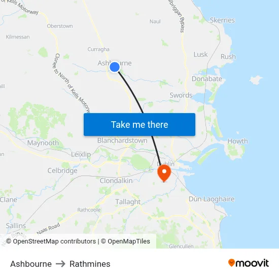 Ashbourne to Rathmines map