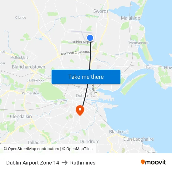 Dublin Airport Zone 14 to Rathmines map