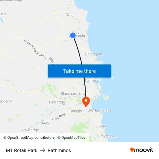 M1 Retail Park to Rathmines map
