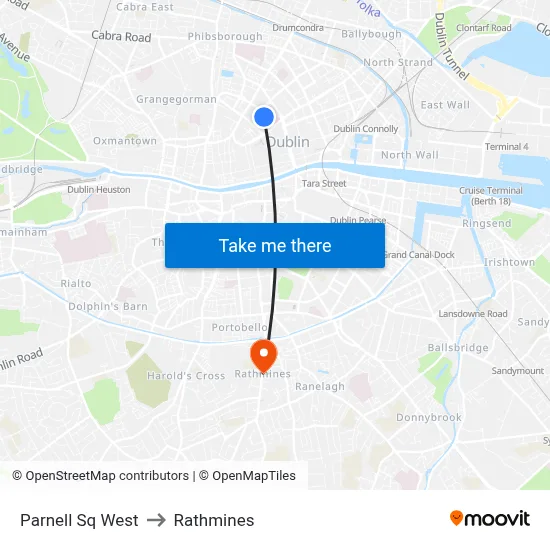 Parnell Sq West to Rathmines map