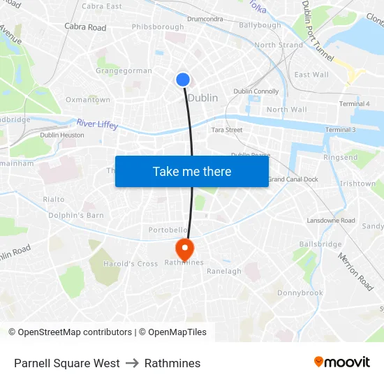 Parnell Square West to Rathmines map