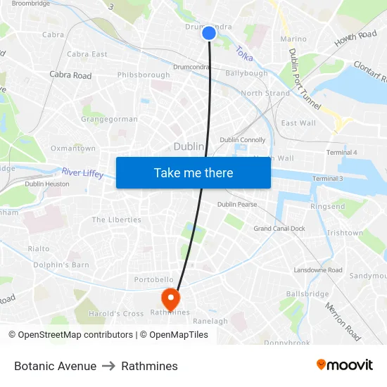 Botanic Avenue to Rathmines map