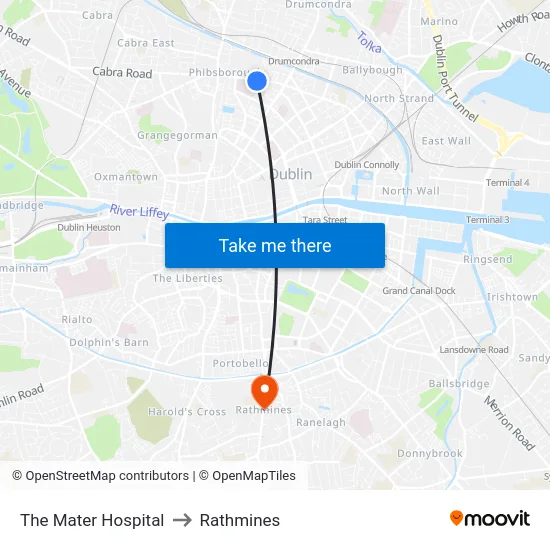 The Mater Hospital to Rathmines map