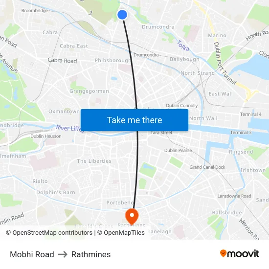 Mobhi Road to Rathmines map