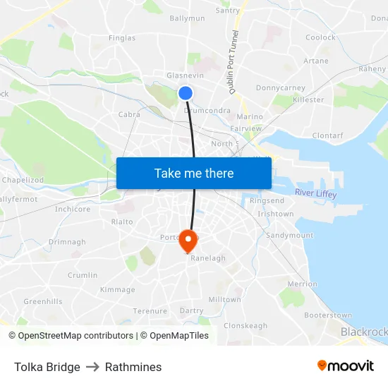 Tolka Bridge to Rathmines map