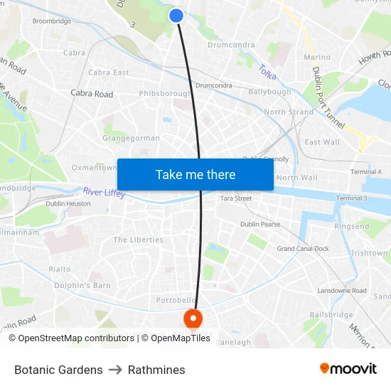 Botanic Gardens to Rathmines map