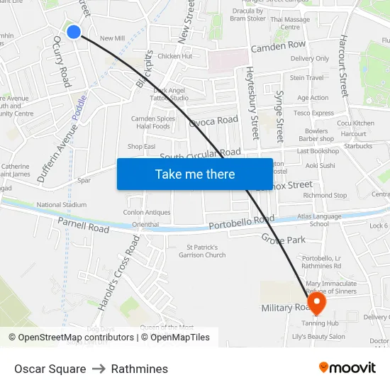 Oscar Square to Rathmines map