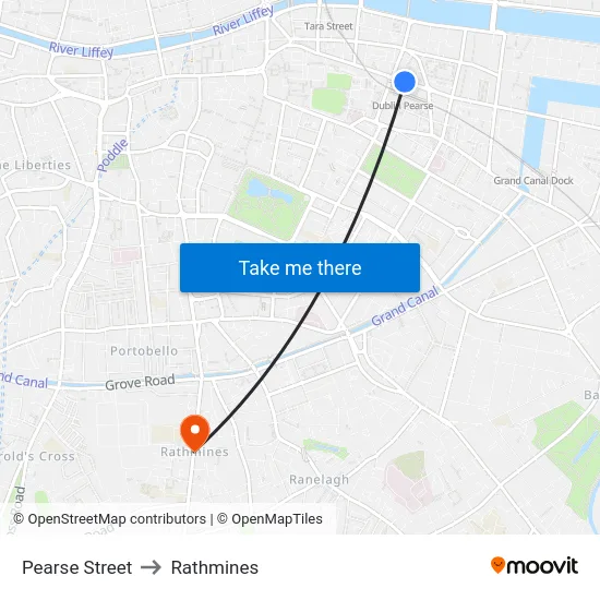 Pearse Street to Rathmines map