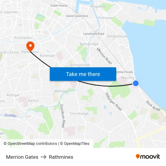 Merrion Gates to Rathmines map