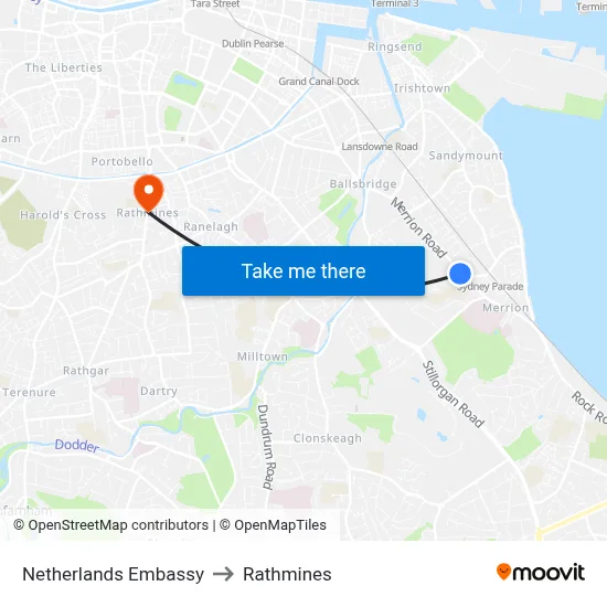 Netherlands Embassy to Rathmines map