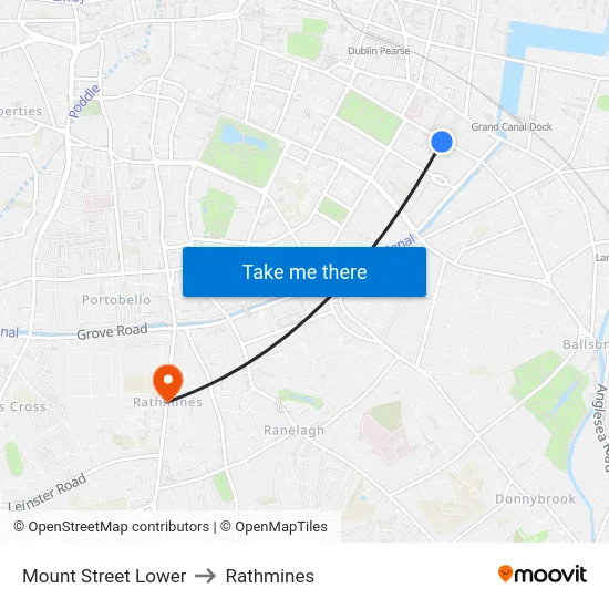 Mount Street Lower to Rathmines map