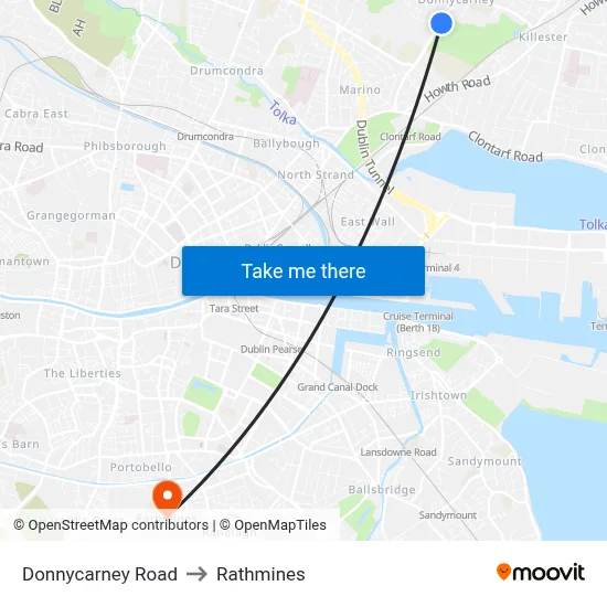 Donnycarney Road to Rathmines map