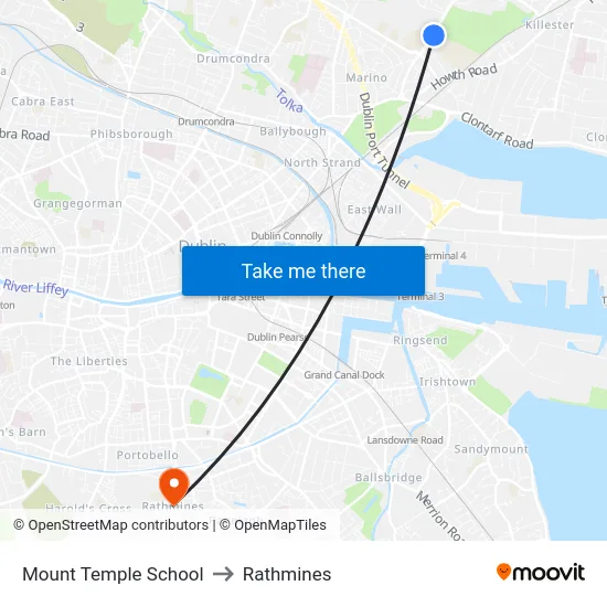 Mount Temple School to Rathmines map