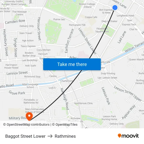 Baggot Street Lower to Rathmines map