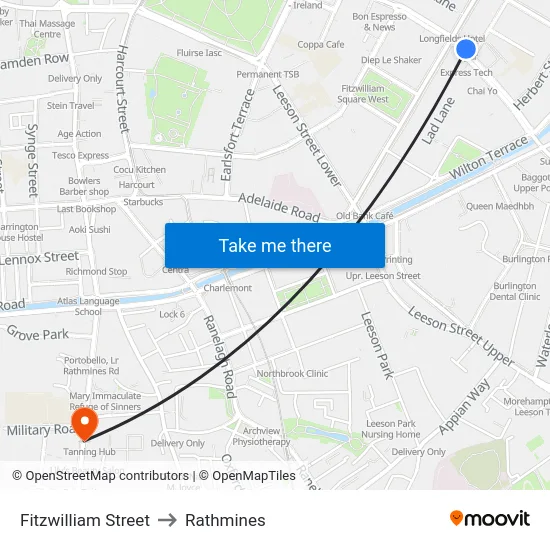 Fitzwilliam Street to Rathmines map