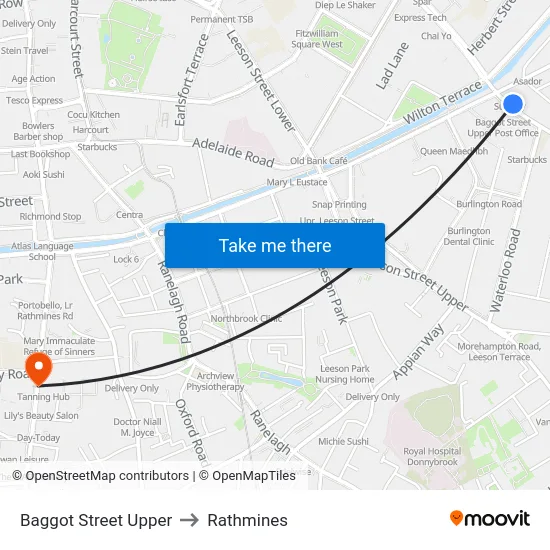 Baggot Street Upper to Rathmines map