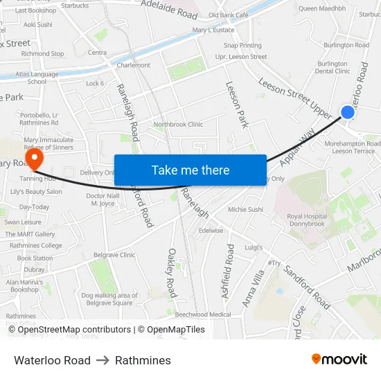 Waterloo Road to Rathmines map