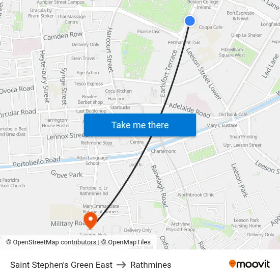 Saint Stephen's Green East to Rathmines map