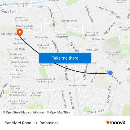 Sandford Road to Rathmines map