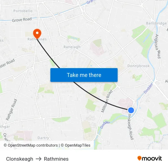 Clonskeagh to Rathmines map