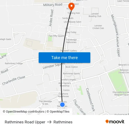 Rathmines Road Upper to Rathmines map