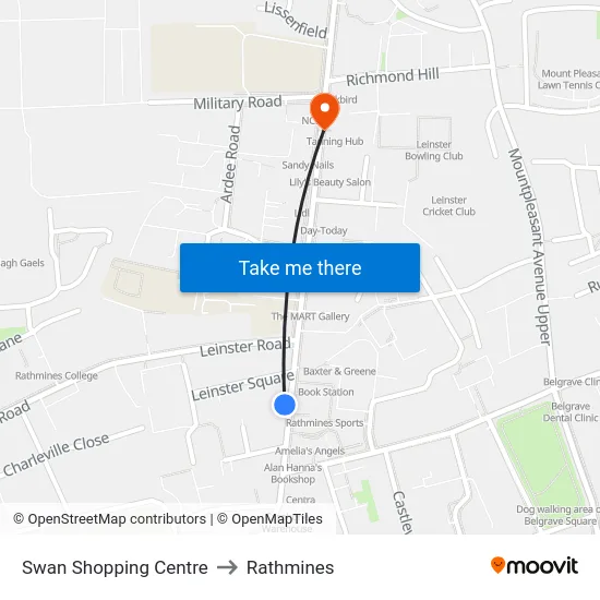 Swan Shopping Centre to Rathmines map