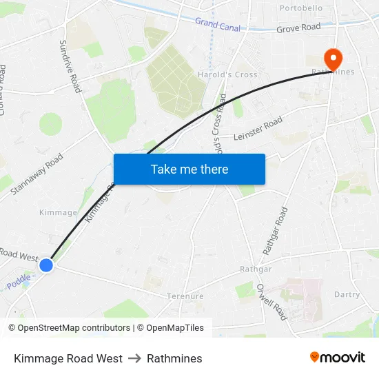 Kimmage Road West to Rathmines map