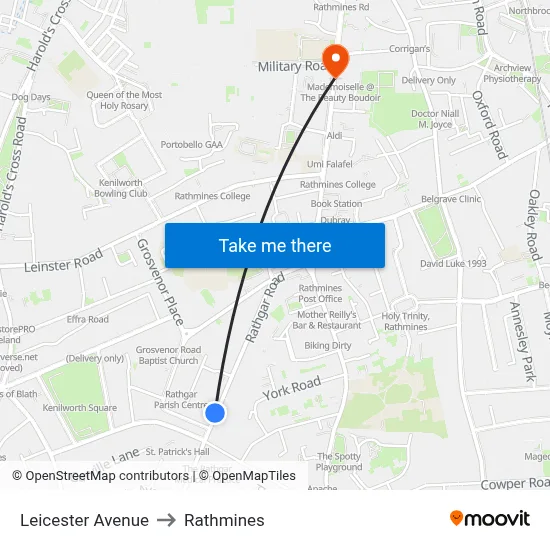 Leicester Avenue to Rathmines map