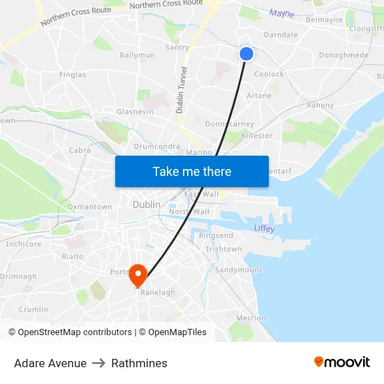 Adare Avenue to Rathmines map