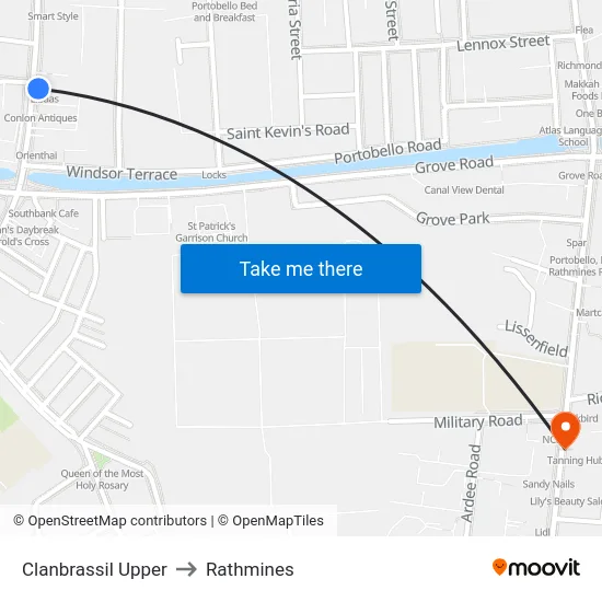 Clanbrassil Upper to Rathmines map