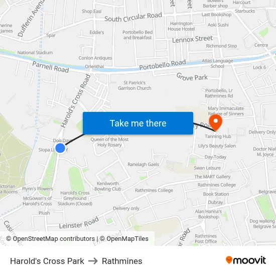 Harold's Cross Park to Rathmines map