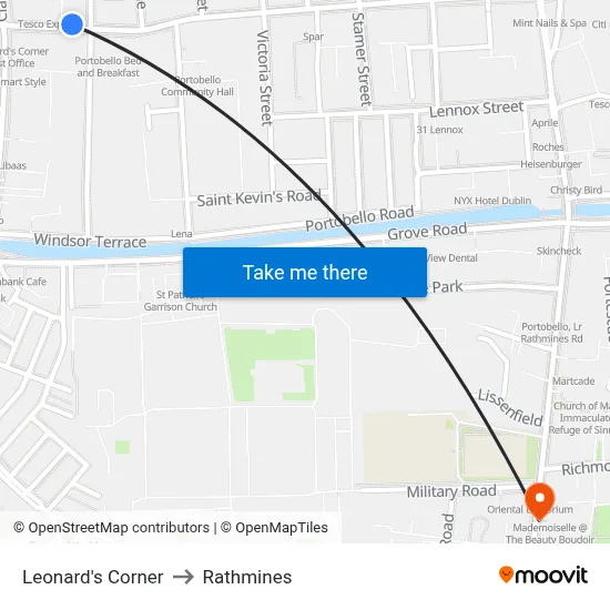 Leonard's Corner to Rathmines map
