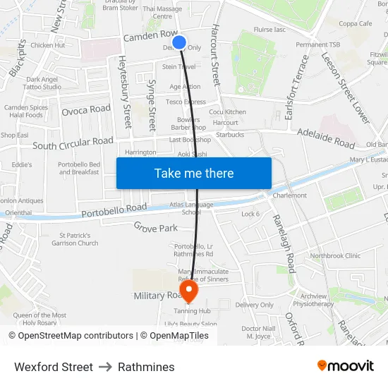 Wexford Street to Rathmines map
