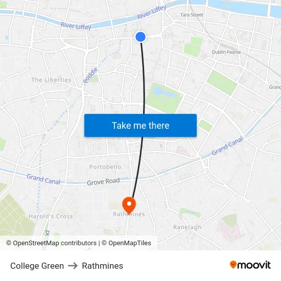 College Green to Rathmines map