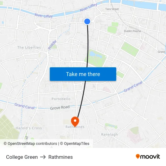 College Green to Rathmines map